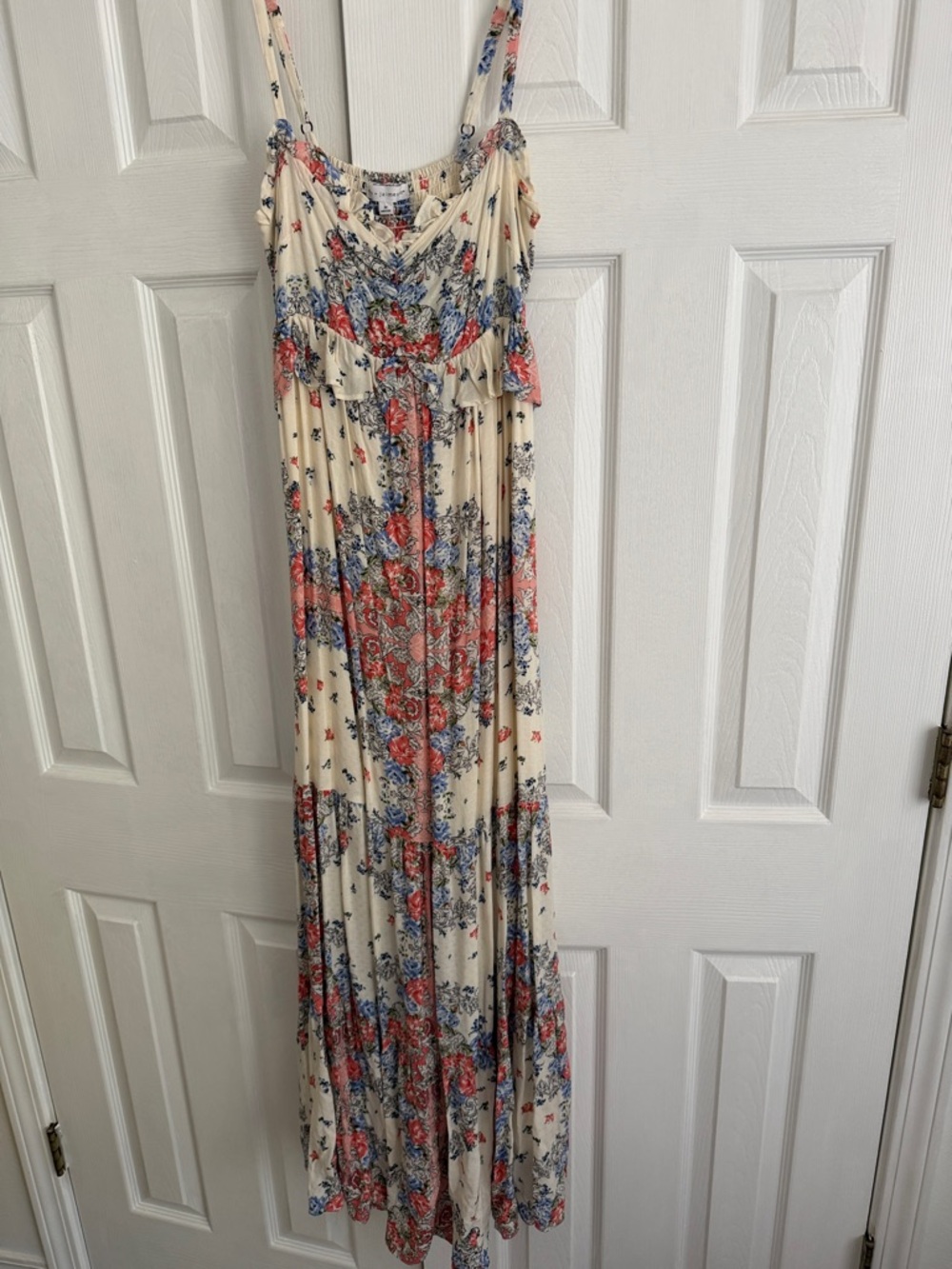 Cream Floral Maxi Dress with Red & Blue Botanical Print